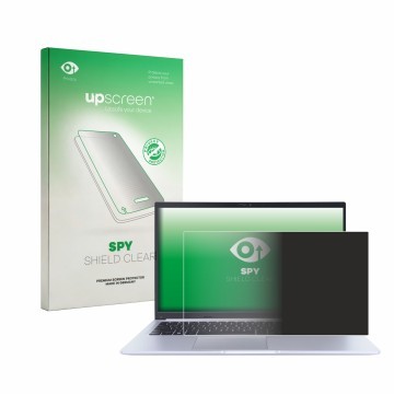 Parte frontal de un envase de producto con el logotipo de la marca upscreen. Al lado se muestra el dispositivo ASUS Vivobook 1