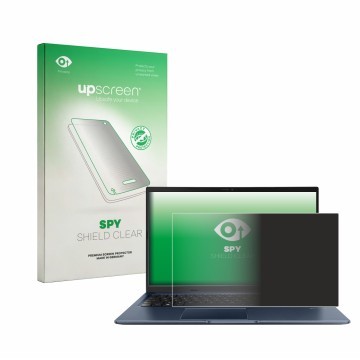 Parte frontal de un envase de producto con el logotipo de la marca upscreen. Al lado se muestra el dispositivo ASUS Vivobook 1