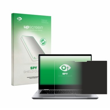 Parte frontal de un envase de producto con el logotipo de la marca upscreen. Al lado se muestra el dispositivo ASUS Chromebook