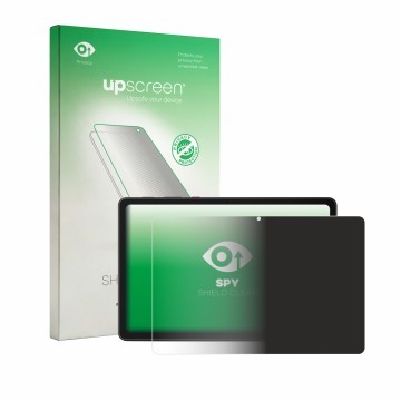 Parte frontal de un envase de producto con el logotipo de la marca upscreen. Al lado se muestra el dispositivo Lenovo ThinkTab