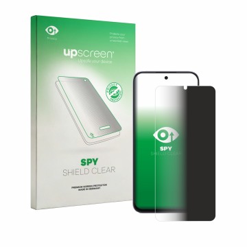 Parte frontal de un envase de producto con el logotipo de la marca upscreen. Al lado se muestra el dispositivo Honor Play 80 c