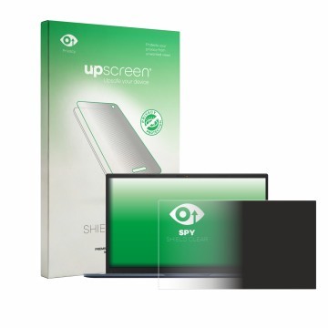 Parte frontal de un envase de producto con el logotipo de la marca upscreen. Al lado se muestra el dispositivo ASUS Vivobook 1