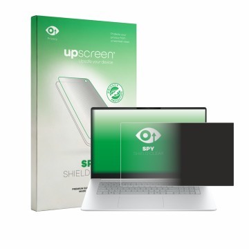 Parte frontal de un envase de producto con el logotipo de la marca upscreen. Al lado se muestra el dispositivo HP OmniBook 3 1