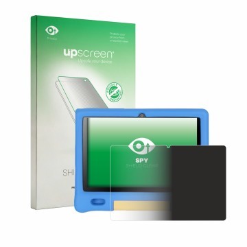 Vorderseite einer Produktverpackung mit dem Markenlogo upscreen. Daneben ist das Gerät Bufo Kids Tablet 10.1