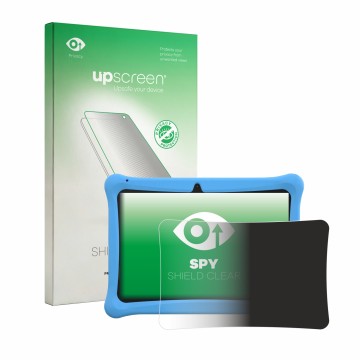 Vorderseite einer Produktverpackung mit dem Markenlogo upscreen. Daneben ist das Gerät Menghu Kids Tablet 10.1