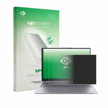 Parte frontal de un envase de producto con el logotipo de la marca upscreen. Al lado se muestra el dispositivo Lenovo ThinkBoo