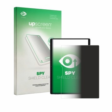 Parte frontal de un envase de producto con el logotipo de la marca upscreen. Al lado se muestra el dispositivo Dell Latitude 7