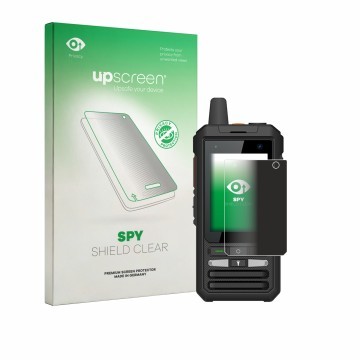 Parte frontal de un envase de producto con el logotipo de la marca upscreen. Al lado se muestra el dispositivo Uniwa F80S con 