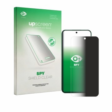 Parte frontal de un envase de producto con el logotipo de la marca upscreen. Al lado se muestra el dispositivo Oppo F33 con su