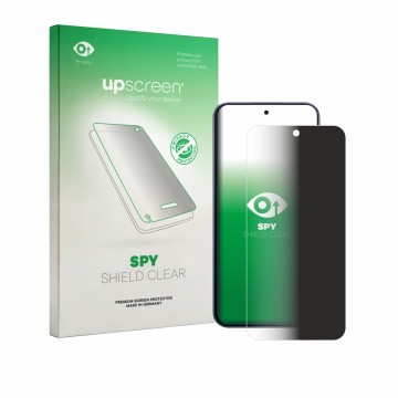 Parte frontal de un envase de producto con el logotipo de la marca upscreen. Al lado se muestra el dispositivo Oppo F33 Pro co