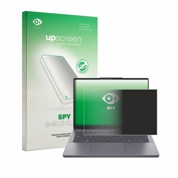 Parte frontal de un envase de producto con el logotipo de la marca upscreen. Al lado se muestra el dispositivo Lenovo IdeaPad 