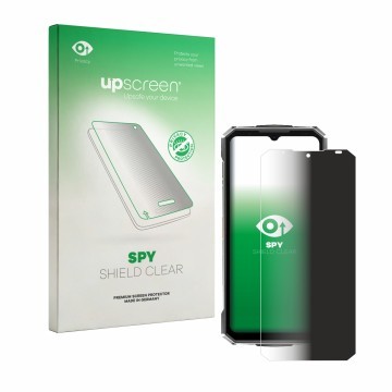 Parte frontal de un envase de producto con el logotipo de la marca upscreen. Al lado se muestra el dispositivo Doogee Fire 7 U