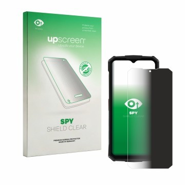 Parte frontal de un envase de producto con el logotipo de la marca upscreen. Al lado se muestra el dispositivo Doogee Fire 5 P