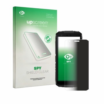 Vorderseite einer Produktverpackung mit dem Markenlogo upscreen. Daneben ist das Gerät Doogee Fire 3 mit dem zugehörigen Displ