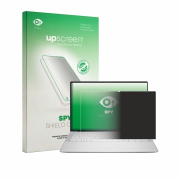 Parte frontal de un envase de producto con el logotipo de la marca upscreen. Al lado se muestra el dispositivo Dell XPS 14 DA1