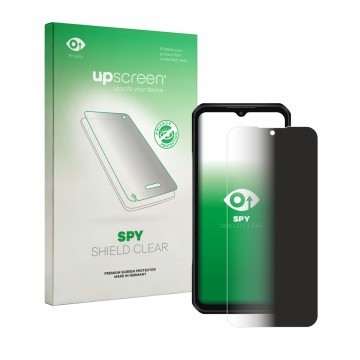 Parte frontale di una confezione del prodotto con il logo del marchio upscreen. Accanto è raffigurato il dispositivo Oukitel W