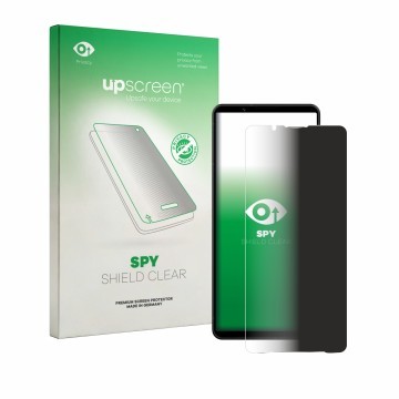 Parte frontale di una confezione del prodotto con il logo del marchio upscreen. Accanto è raffigurato il dispositivo Sony Xper