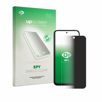 Parte frontal de un envase de producto con el logotipo de la marca upscreen. Al lado se muestra el dispositivo Tecno Spark 50 