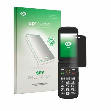 Face avant d’un emballage produit avec le logo de la marque upscreen. À côté, l’appareil AGM M8 FLIP est représenté avec la pr