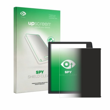 Parte frontal de un envase de producto con el logotipo de la marca upscreen. Al lado se muestra el dispositivo PocketBook Era 