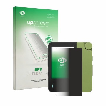 Parte frontal de un envase de producto con el logotipo de la marca upscreen. Al lado se muestra el dispositivo Hiby W4 con su 