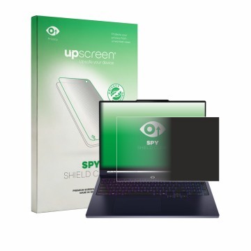 Parte frontal de un envase de producto con el logotipo de la marca upscreen. Al lado se muestra el dispositivo Lenovo Legion 7