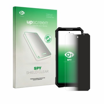 Vorderseite einer Produktverpackung mit dem Markenlogo upscreen. Daneben ist das Gerät Doogee V50 Pro mit dem zugehörigen Disp