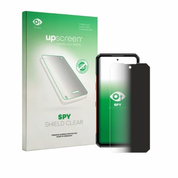 Parte frontale di una confezione del prodotto con il logo del marchio upscreen. Accanto è raffigurato il dispositivo Oukitel W