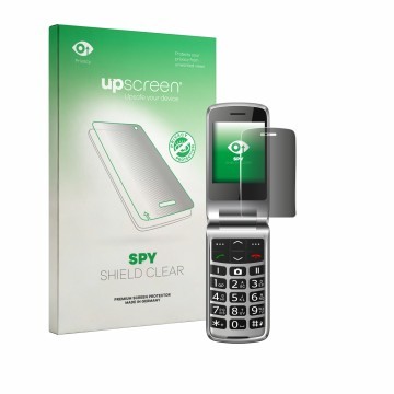 Vorderseite einer Produktverpackung mit dem Markenlogo upscreen. Daneben ist das Gerät bea-fon SL645 mit dem zugehörigen Displ