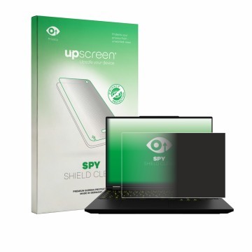 Parte frontal de un envase de producto con el logotipo de la marca upscreen. Al lado se muestra el dispositivo XMG Neo 16 con 