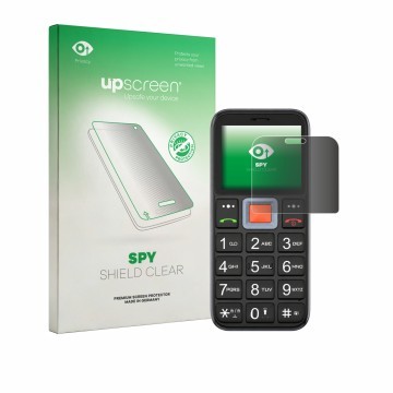 Front side of a product packaging with the brand logo upscreen. Next to it is the device Easyfone Prime A5 shown with the corr
