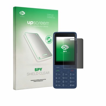 Parte frontal de un envase de producto con el logotipo de la marca upscreen. Al lado se muestra el dispositivo TCL OneTouch 40