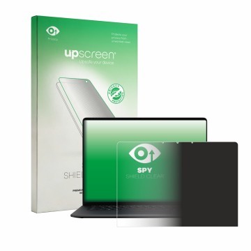 Parte frontal de un envase de producto con el logotipo de la marca upscreen. Al lado se muestra el dispositivo Microsoft Surfa