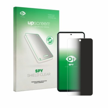 Parte frontal de un envase de producto con el logotipo de la marca upscreen. Al lado se muestra el dispositivo Vivo Y21d con s