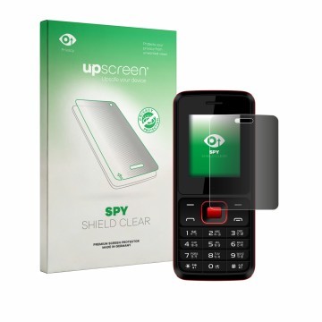 Vorderseite einer Produktverpackung mit dem Markenlogo upscreen. Daneben ist das Gerät Karbonn K19 Rock mit dem zugehörigen Di