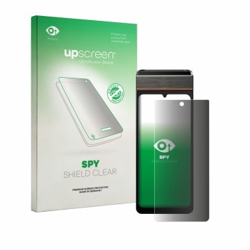 Face avant d’un emballage produit avec le logo de la marque upscreen. À côté, l’appareil Sunmi V3e est représenté avec la prot