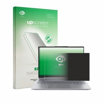Vorderseite einer Produktverpackung mit dem Markenlogo upscreen. Daneben ist das Gerät Lenovo ThinkBook 14 Gen 9 mit dem zugeh