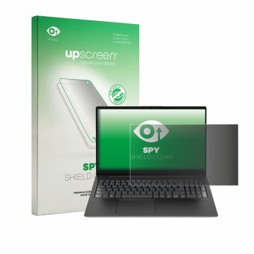 Parte frontal de un envase de producto con el logotipo de la marca upscreen. Al lado se muestra el dispositivo Lenovo V15 7915