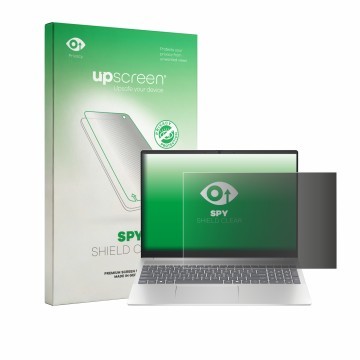 Parte frontal de un envase de producto con el logotipo de la marca upscreen. Al lado se muestra el dispositivo HP Pavilion 16-