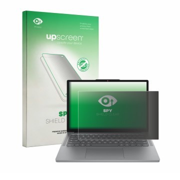 Parte frontal de un envase de producto con el logotipo de la marca upscreen. Al lado se muestra el dispositivo Lenovo Chrome 1