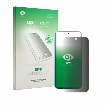 Parte frontal de un envase de producto con el logotipo de la marca upscreen. Al lado se muestra el dispositivo Oppo F35 Pro co