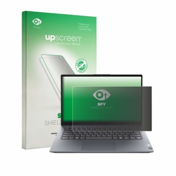 Parte frontal de un envase de producto con el logotipo de la marca upscreen. Al lado se muestra el dispositivo Lenovo V14 Gen 