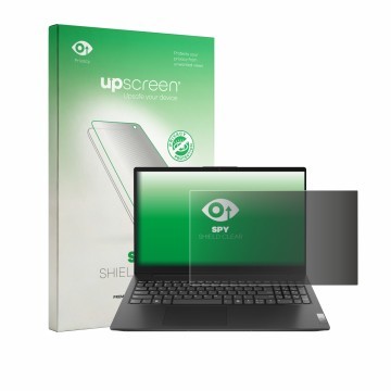 Parte frontal de un envase de producto con el logotipo de la marca upscreen. Al lado se muestra el dispositivo Lenovo V15 Gen 