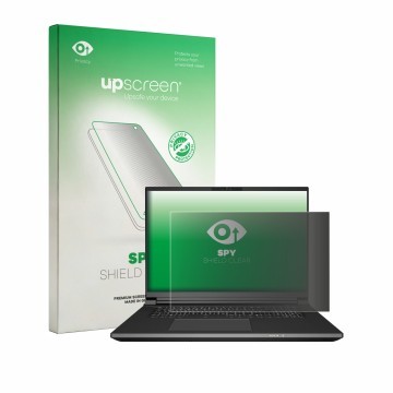 Vorderseite einer Produktverpackung mit dem Markenlogo upscreen. Daneben ist das Gerät Schenker KEY 18 Pro E25 mit dem zugehör