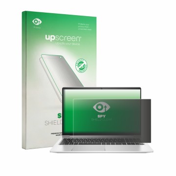 Parte frontal de un envase de producto con el logotipo de la marca upscreen. Al lado se muestra el dispositivo HP ProBook 455 