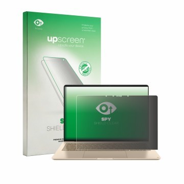 Parte frontal de un envase de producto con el logotipo de la marca upscreen. Al lado se muestra el dispositivo Asus Zenbook 14