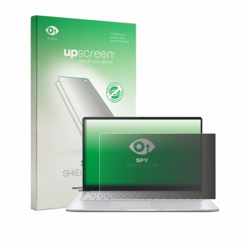 Parte frontal de un envase de producto con el logotipo de la marca upscreen. Al lado se muestra el dispositivo ASUS Chromebook