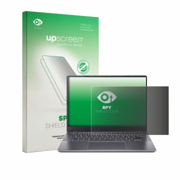 Parte frontal de un envase de producto con el logotipo de la marca upscreen. Al lado se muestra el dispositivo Acer Chromebook