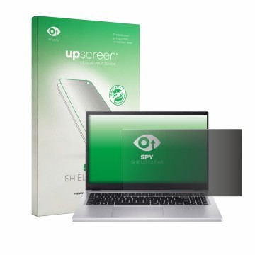 Parte frontal de un envase de producto con el logotipo de la marca upscreen. Al lado se muestra el dispositivo Acer Extensa 15