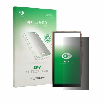 Parte frontal de un envase de producto con el logotipo de la marca upscreen. Al lado se muestra el dispositivo Astell&Kern A&u